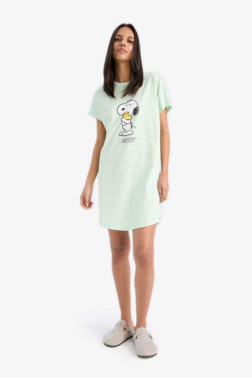 Kadın Mint %100 Pamuk Snoopy Bisiklet Yaka Kısa Kollu Gecelik