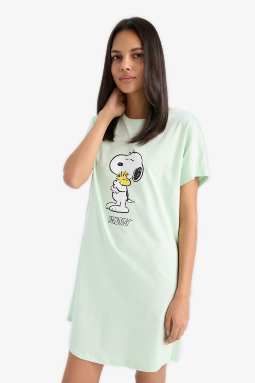 Kadın Mint %100 Pamuk Snoopy Bisiklet Yaka Kısa Kollu Gecelik