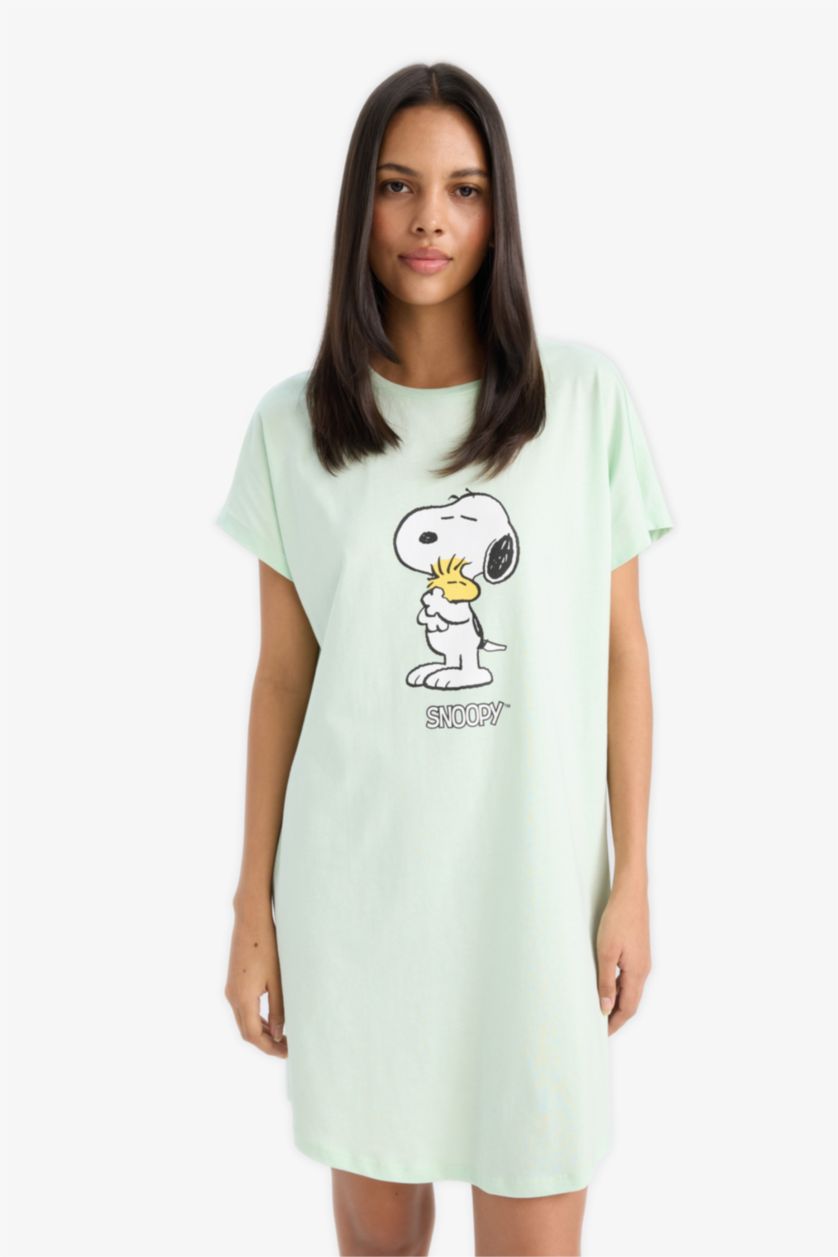 Kadın Mint %100 Pamuk Snoopy Bisiklet Yaka Kısa Kollu Gecelik
