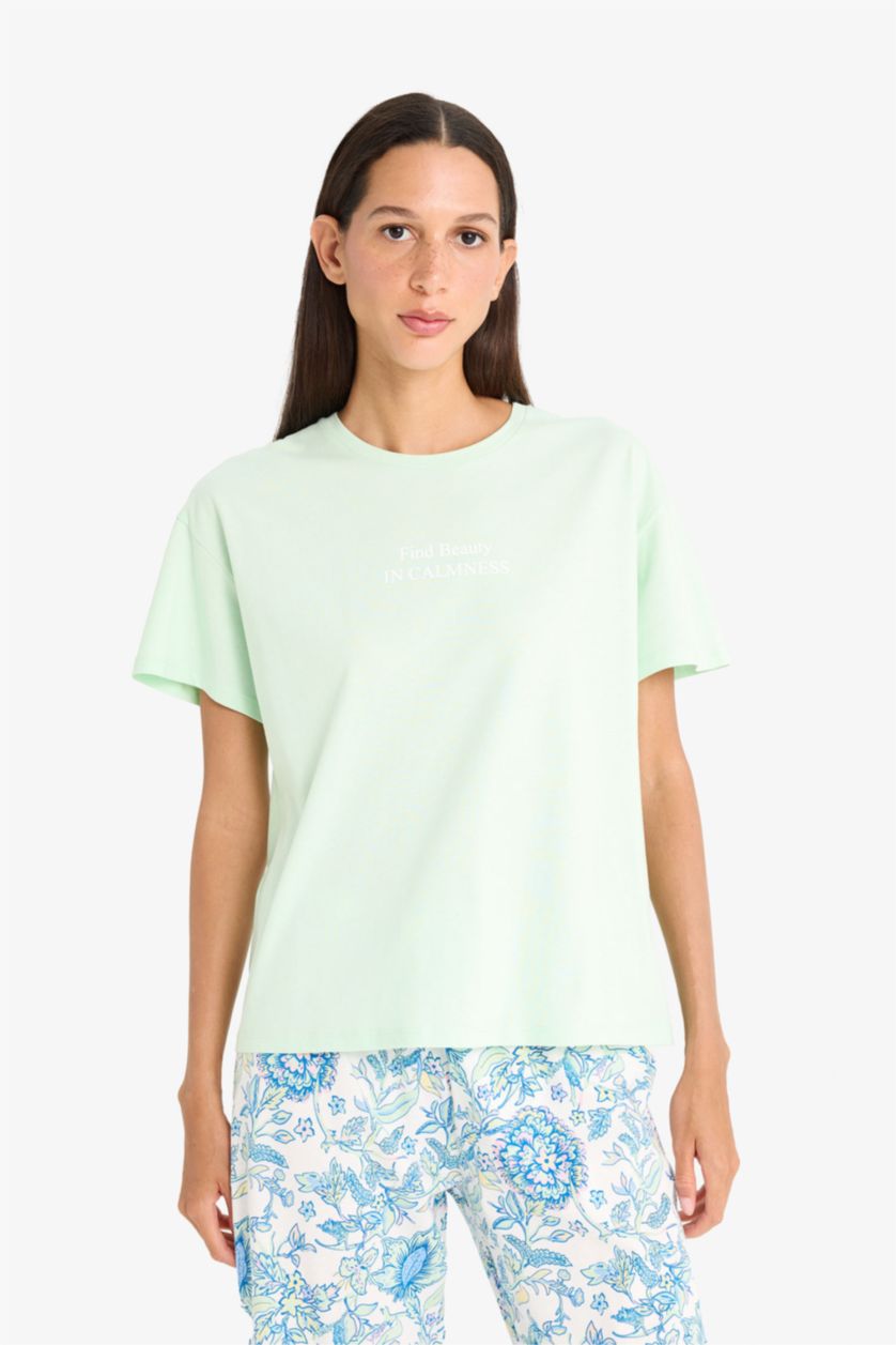 Kadın Mint Regular Fit Kısa Kollu Üst Beli Lastikli Desenli Kapri Alt-Fall in Love