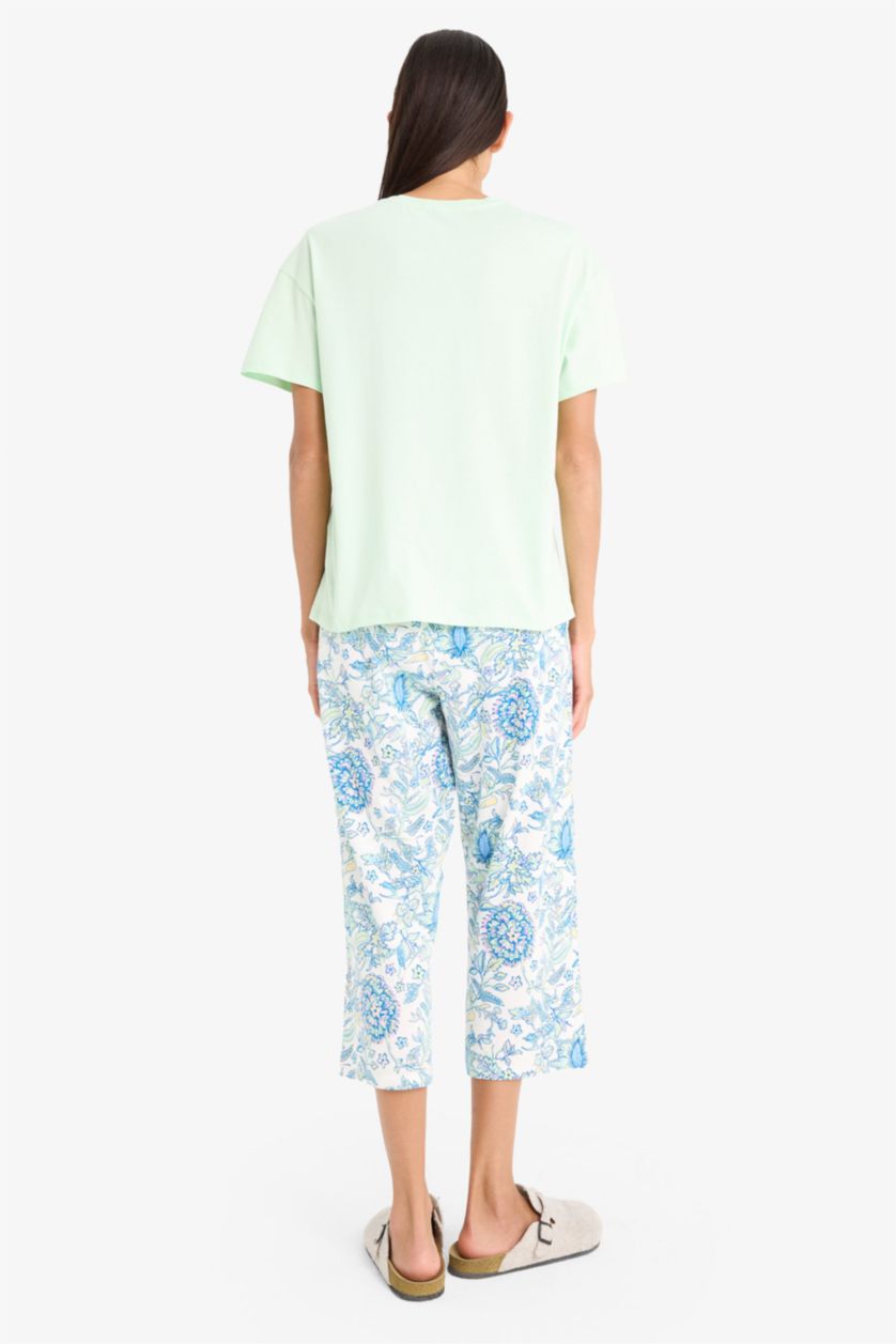 Kadın Mint Regular Fit Kısa Kollu Üst Beli Lastikli Desenli Kapri Alt-Fall in Love