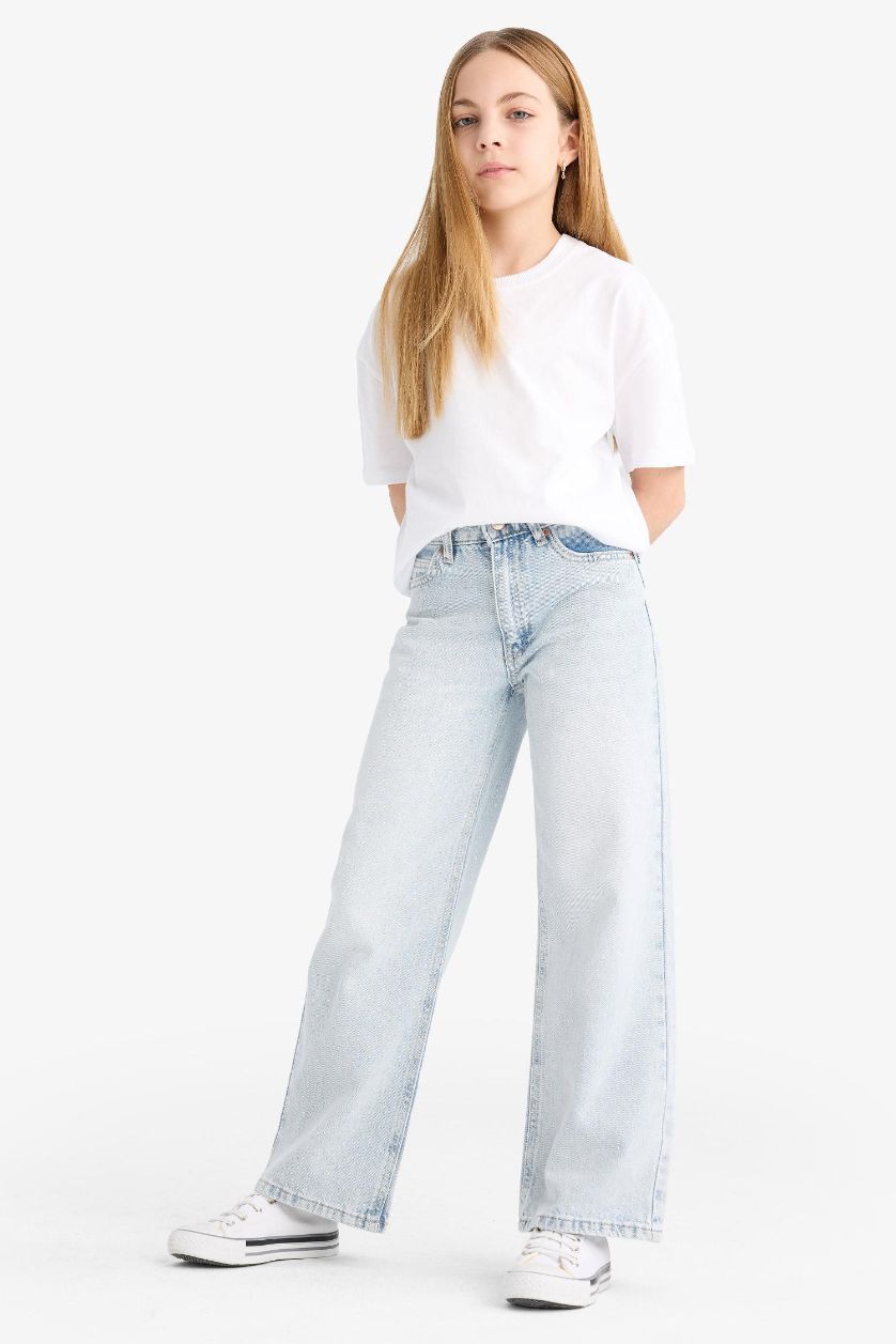 Kız Çocuk - Genç Kız Buz Mavi Straight Wide Jean Pantolon Kız Çocuk