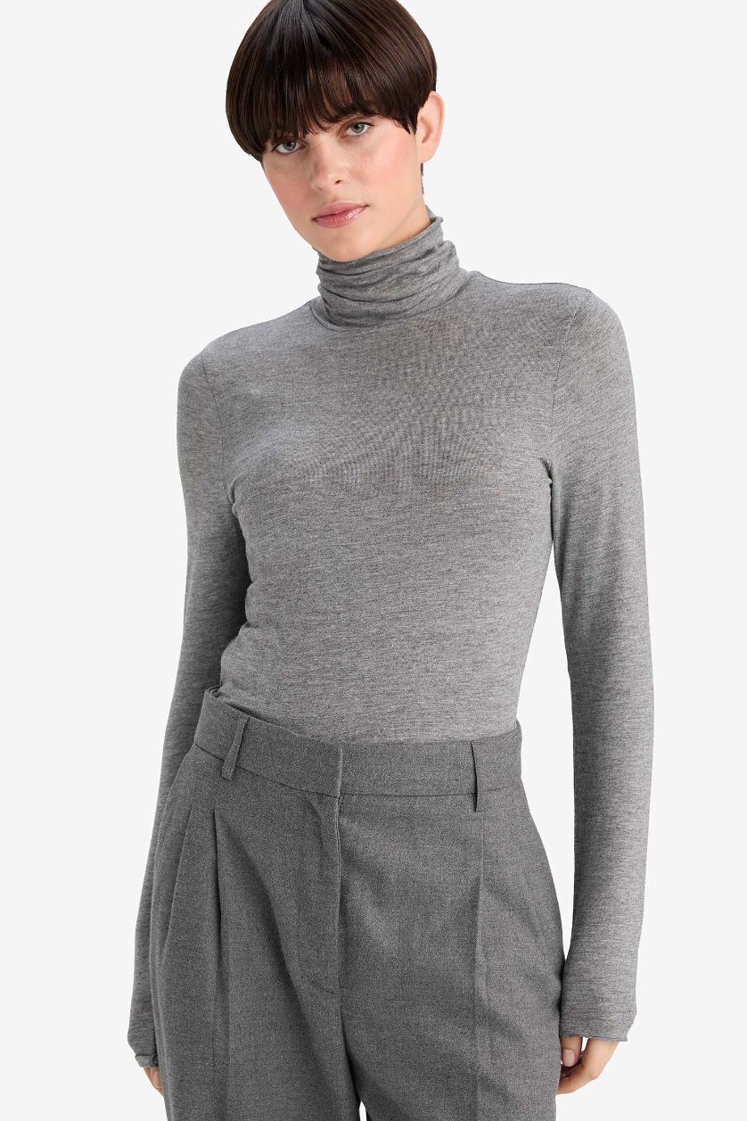 Kadın Gri Melanj Modal Kaşmir Yumuşak Dokulu Balıkçı Yaka Uzun Kollu Üst