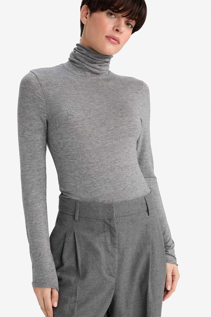 Kadın Gri Melanj Modal Kaşmir Yumuşak Dokulu Balıkçı Yaka Uzun Kollu Üst