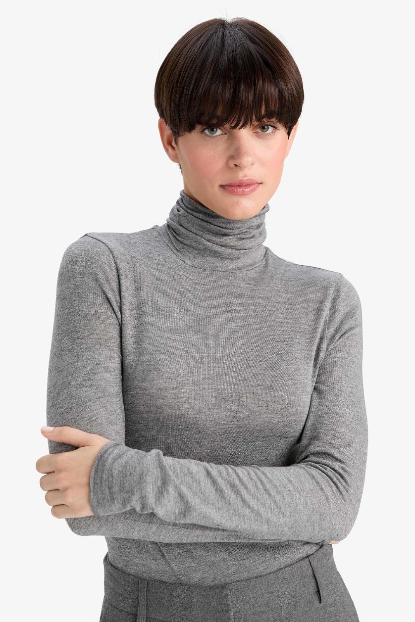 Kadın Gri Melanj Modal Kaşmir Yumuşak Dokulu Balıkçı Yaka Uzun Kollu Üst