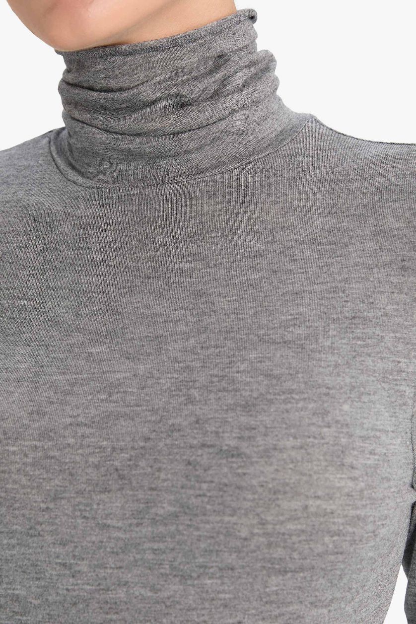 Kadın Gri Melanj Modal Kaşmir Yumuşak Dokulu Balıkçı Yaka Uzun Kollu Üst