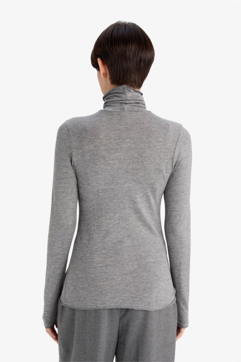 Kadın Gri Melanj Modal Kaşmir Yumuşak Dokulu Balıkçı Yaka Uzun Kollu Üst