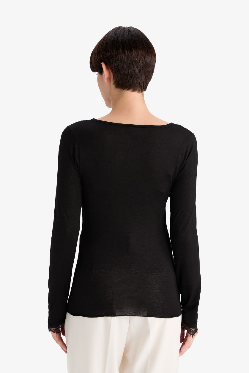 Kadın Siyah Modal Kaşmir Yumuşak Dokulu Dantelli Uzun Kollu Üst