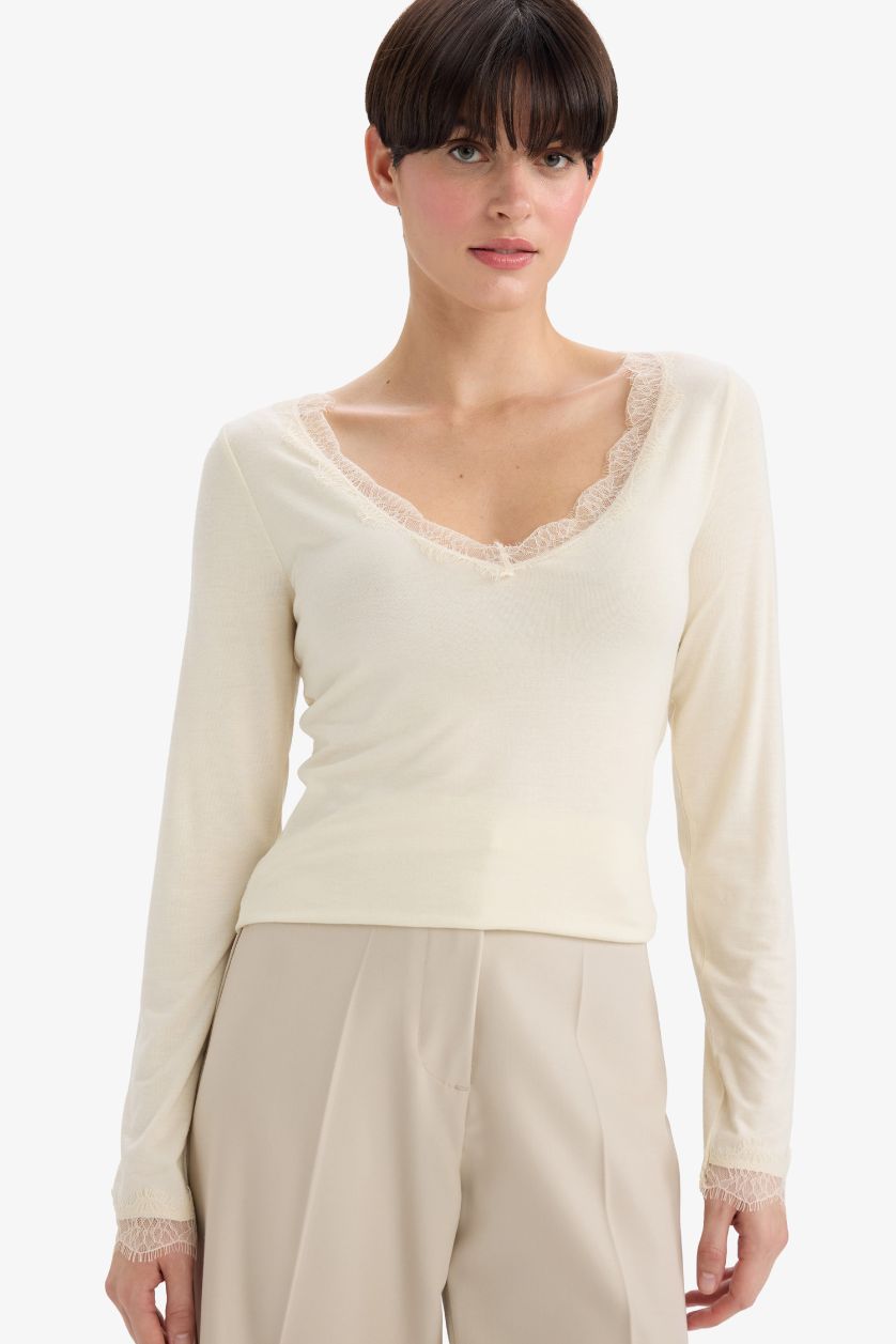 WOMAN Ecru Fall in Love Modal Cashmere Soft Textured Laced Top