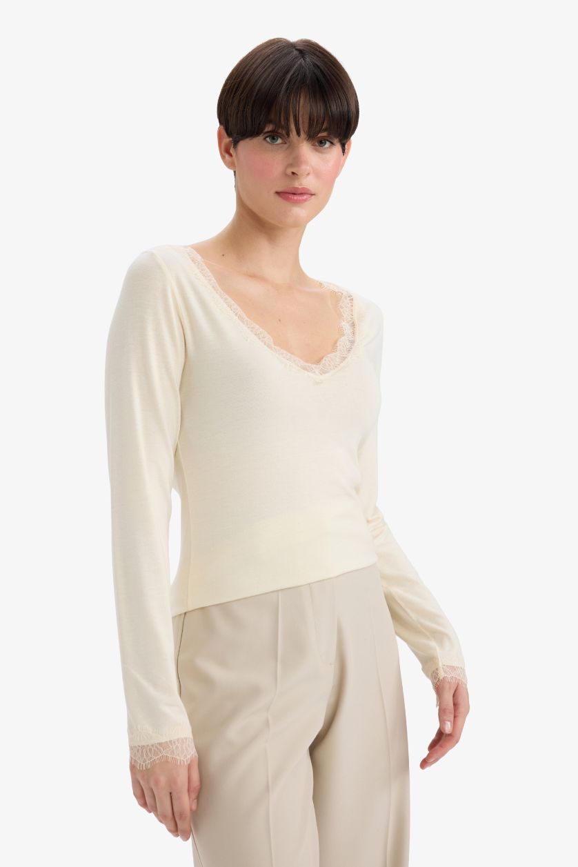 WOMAN Ecru Fall in Love Modal Cashmere Soft Textured Laced Top