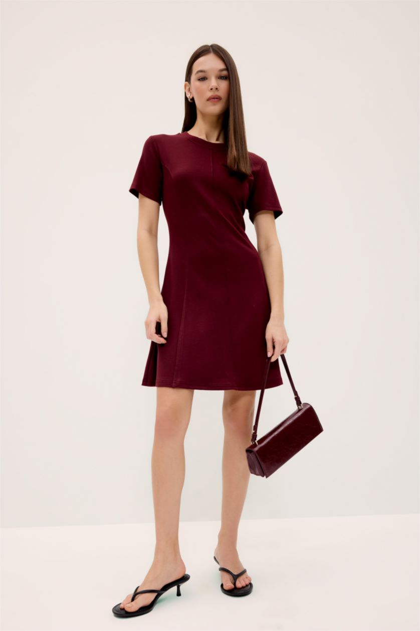 Kadın Bordo Bisiklet Yaka Basic Düz Kısa Kollu Mini Yazlık Elbise