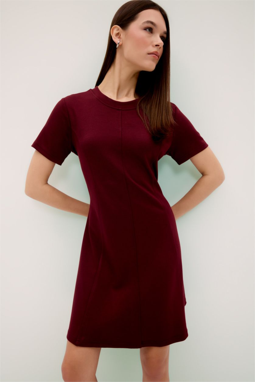 Kadın Bordo Bisiklet Yaka Basic Düz Kısa Kollu Mini Yazlık Elbise