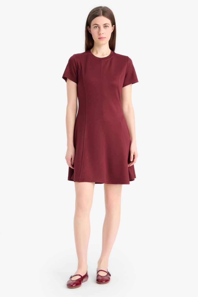 Kadın Bordo Bisiklet Yaka Basic Düz Kısa Kollu Mini Yazlık Elbise