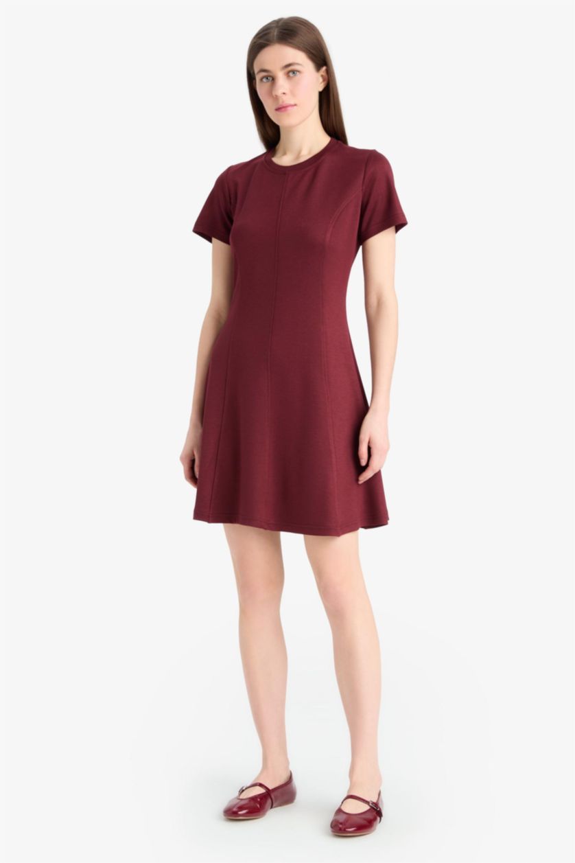 Kadın Bordo Bisiklet Yaka Basic Düz Kısa Kollu Mini Yazlık Elbise