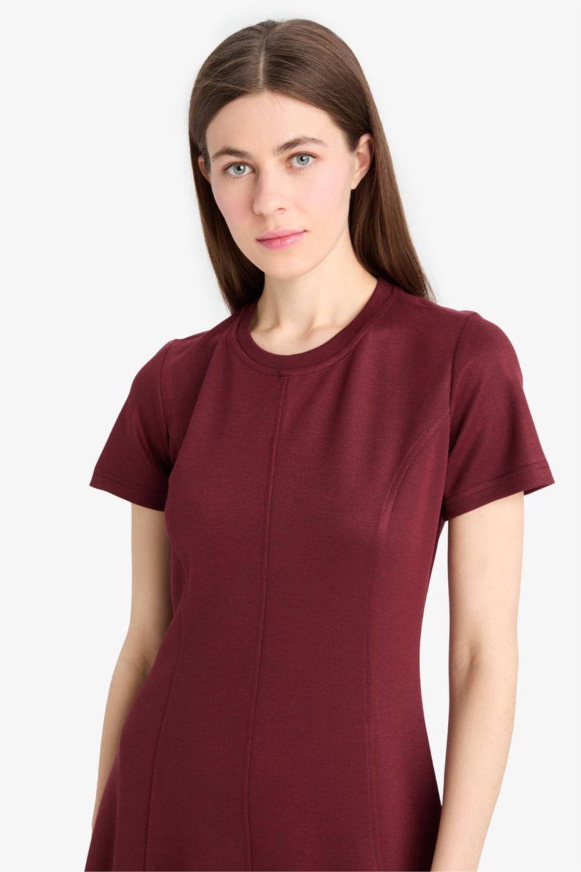 Kadın Bordo Bisiklet Yaka Basic Düz Kısa Kollu Mini Yazlık Elbise