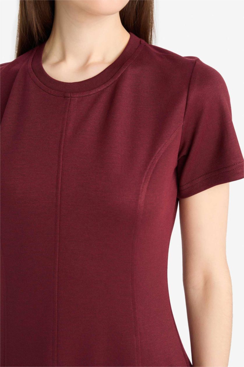 Kadın Bordo Bisiklet Yaka Basic Düz Kısa Kollu Mini Yazlık Elbise