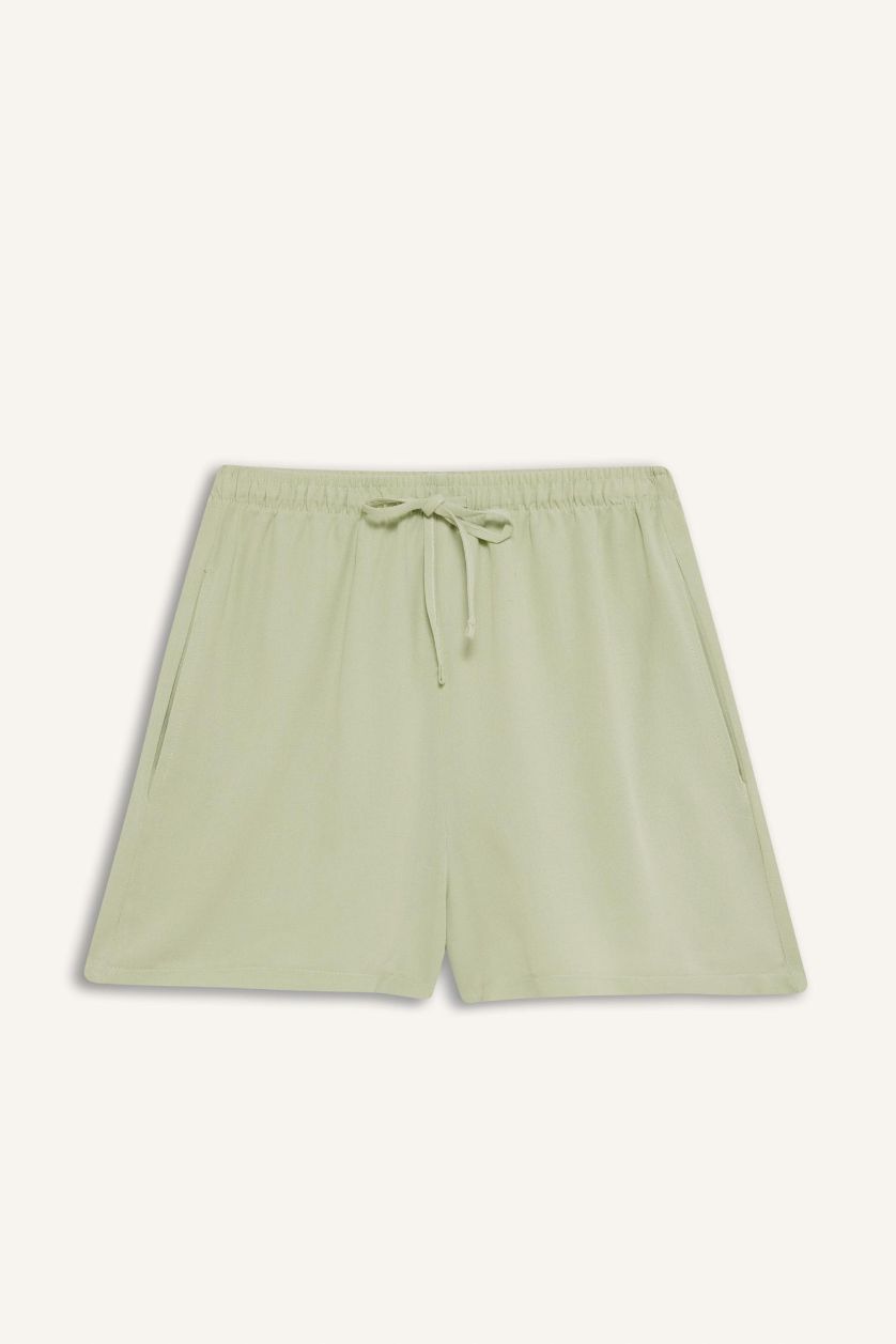 Kadın Mint Normal Beli Lastikli Cepli Keten Karışımlı Şort