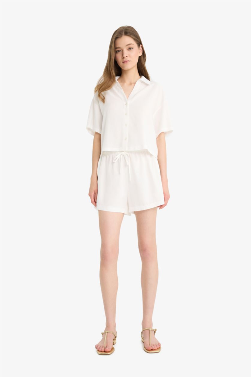 WOMAN White Normal Waist Short Leg Linen Blend Shorts