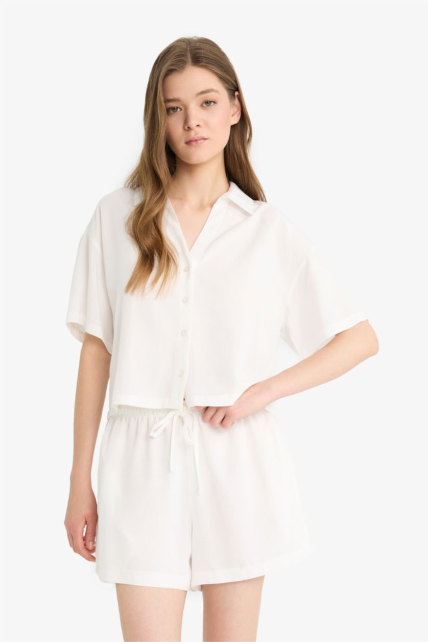 WOMAN White Normal Waist Short Leg Linen Blend Shorts