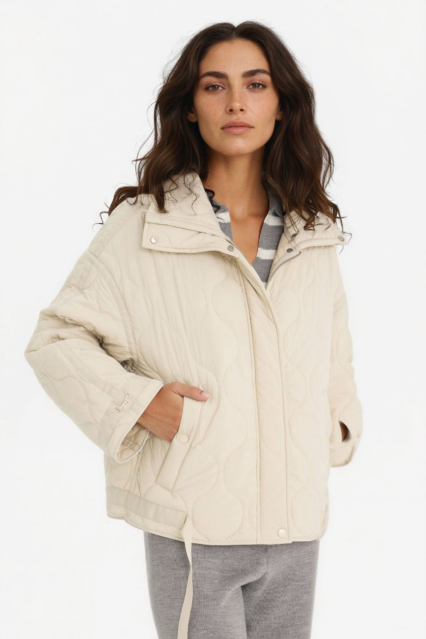 Kadın Ekru Su Geçirmez Regular Fit Çıtçıtlı Fermuarlı Kapitoneli Mont