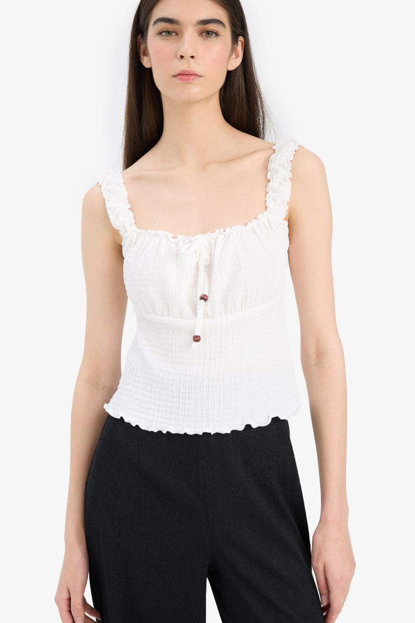 WOMAN White Slim Fit Square Collar Crepe Blouse