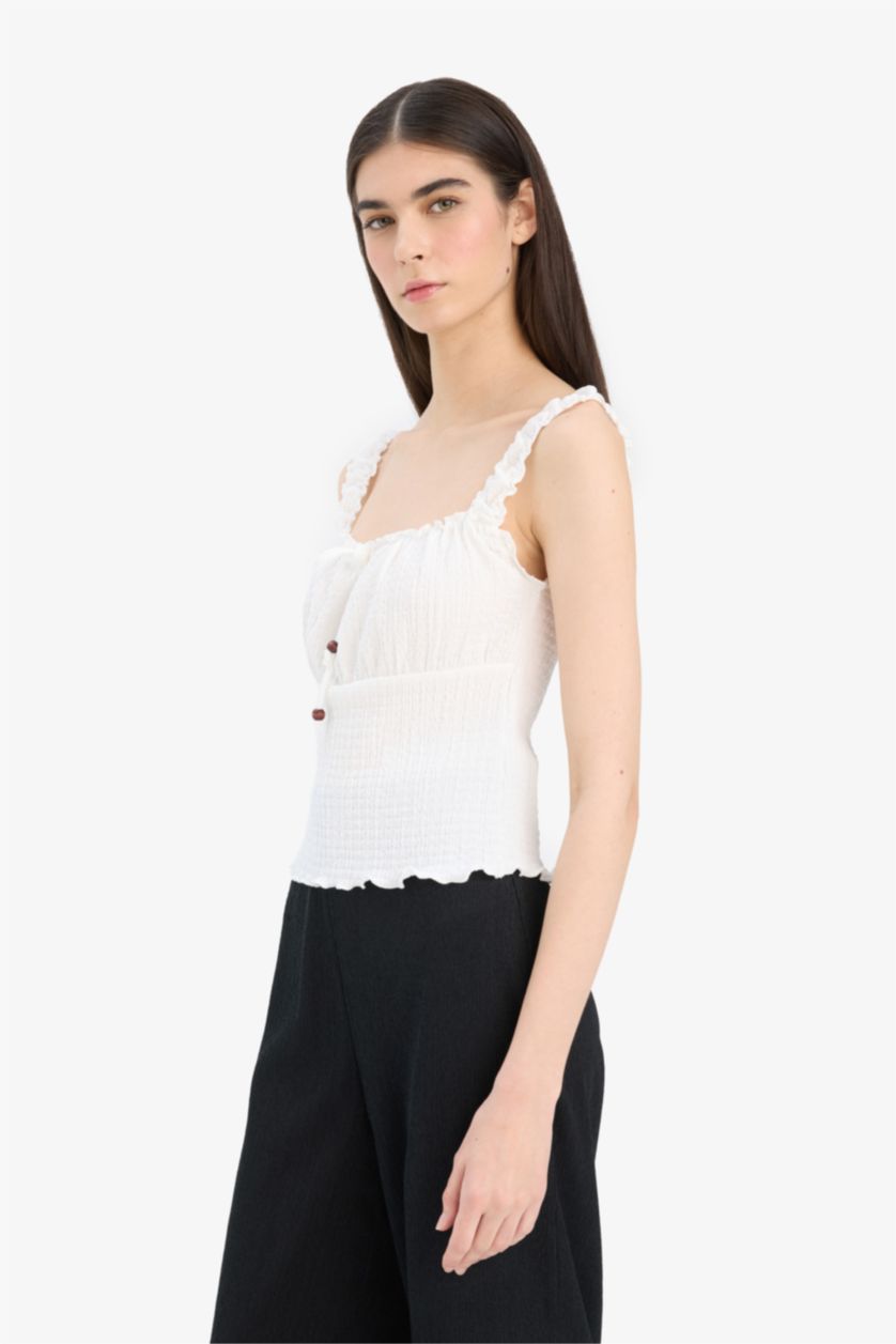 WOMAN White Slim Fit Square Collar Crepe Blouse