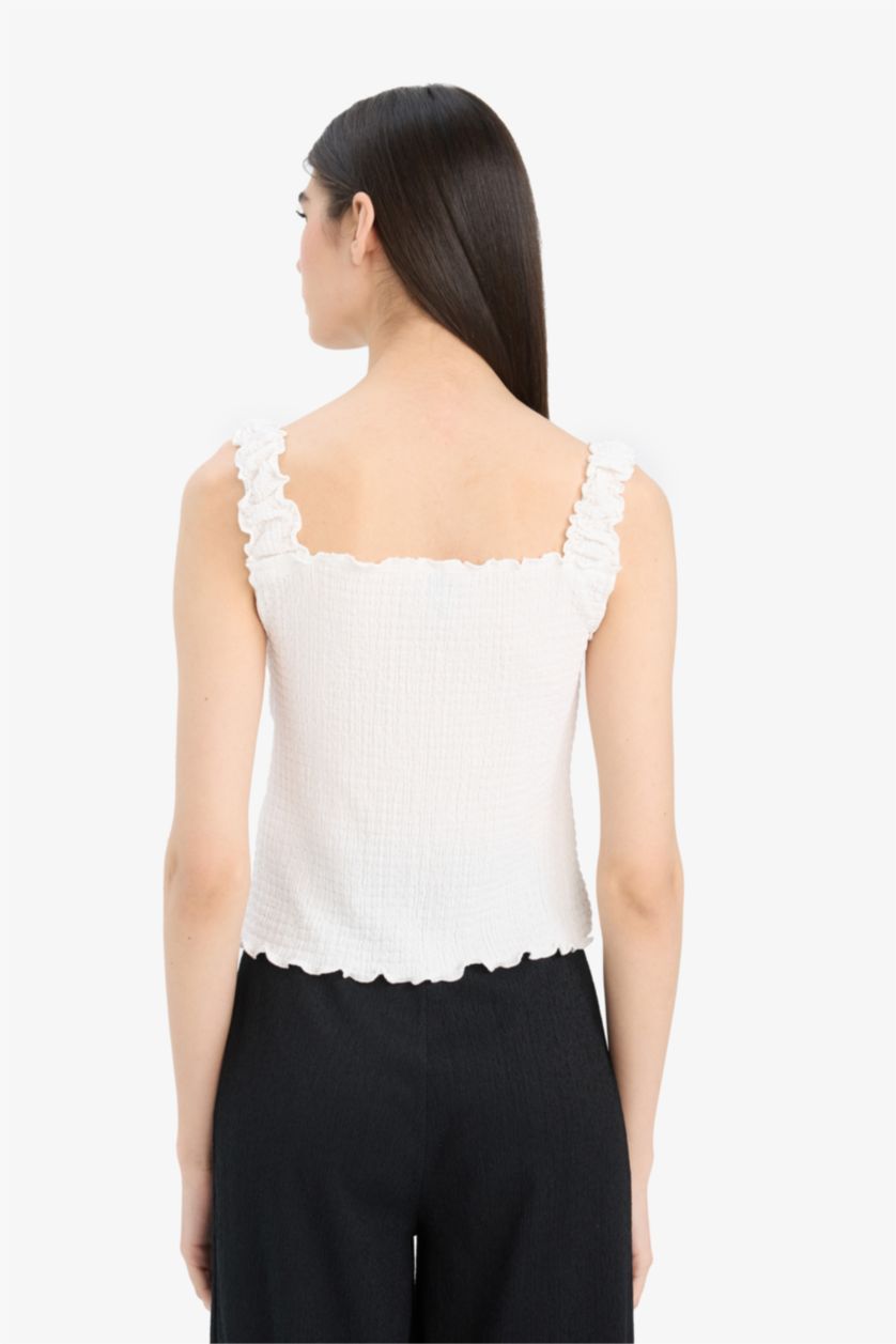 WOMAN White Slim Fit Square Collar Crepe Blouse