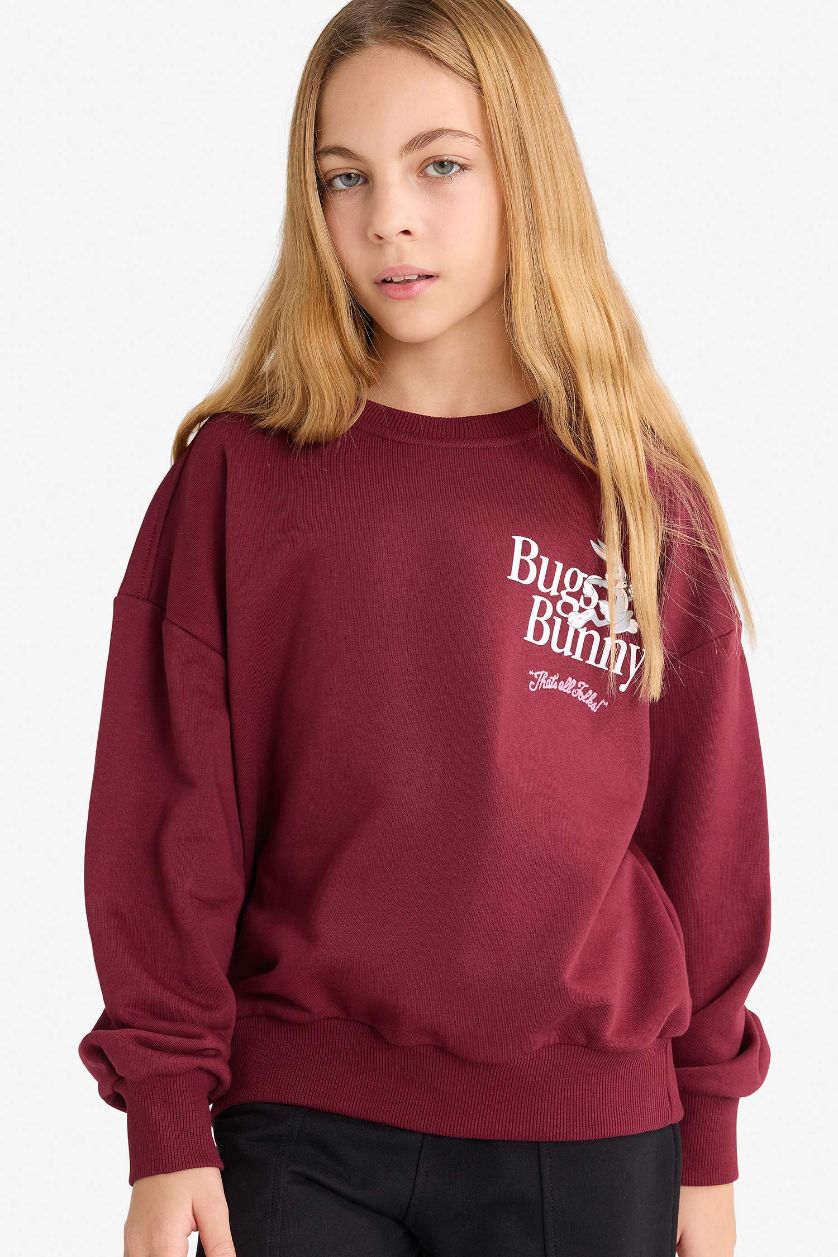 Kız Çocuk - Genç Kız Bordo Looney Tunes Oversize Geniş Kalıp Bisiklet Yaka Sweatshirt Kız Çocuk