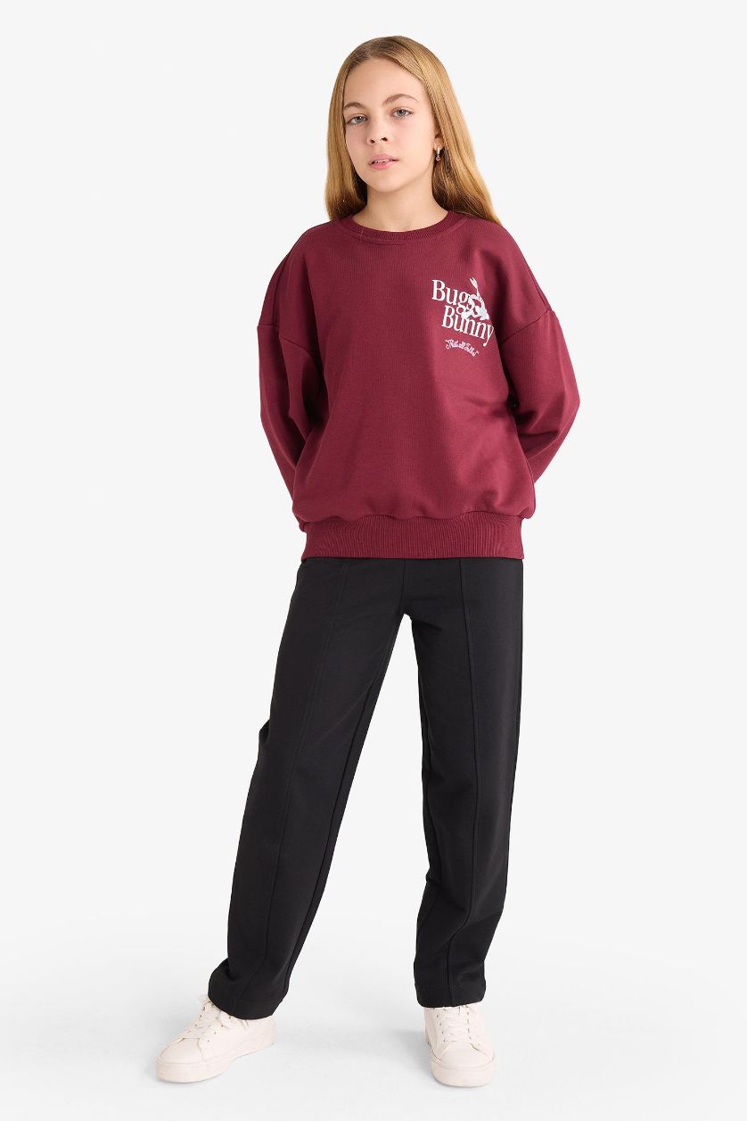 Kız Çocuk - Genç Kız Bordo Looney Tunes Oversize Geniş Kalıp Bisiklet Yaka Sweatshirt Kız Çocuk