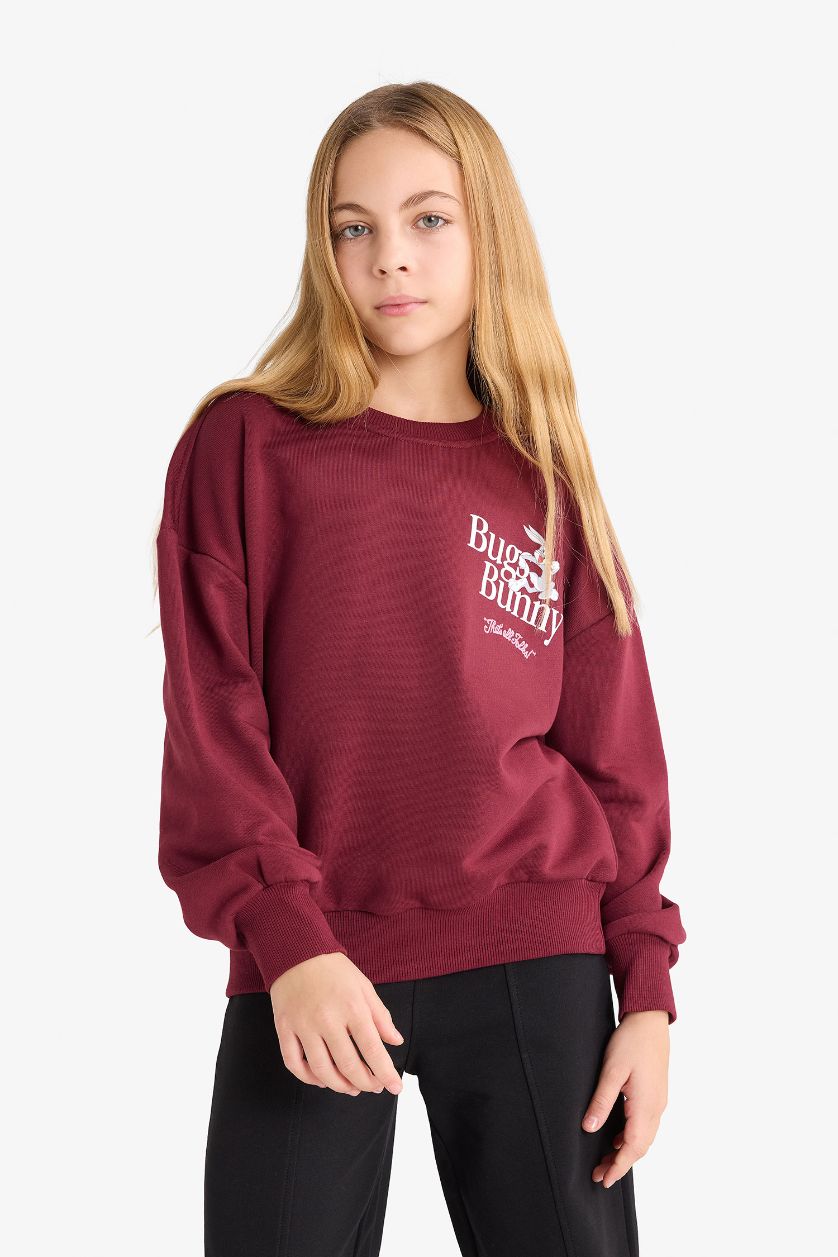 Kız Çocuk - Genç Kız Bordo Looney Tunes Oversize Geniş Kalıp Bisiklet Yaka Sweatshirt Kız Çocuk