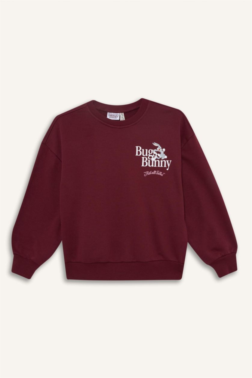 Kız Çocuk - Genç Kız Bordo Looney Tunes Oversize Geniş Kalıp Bisiklet Yaka Sweatshirt Kız Çocuk
