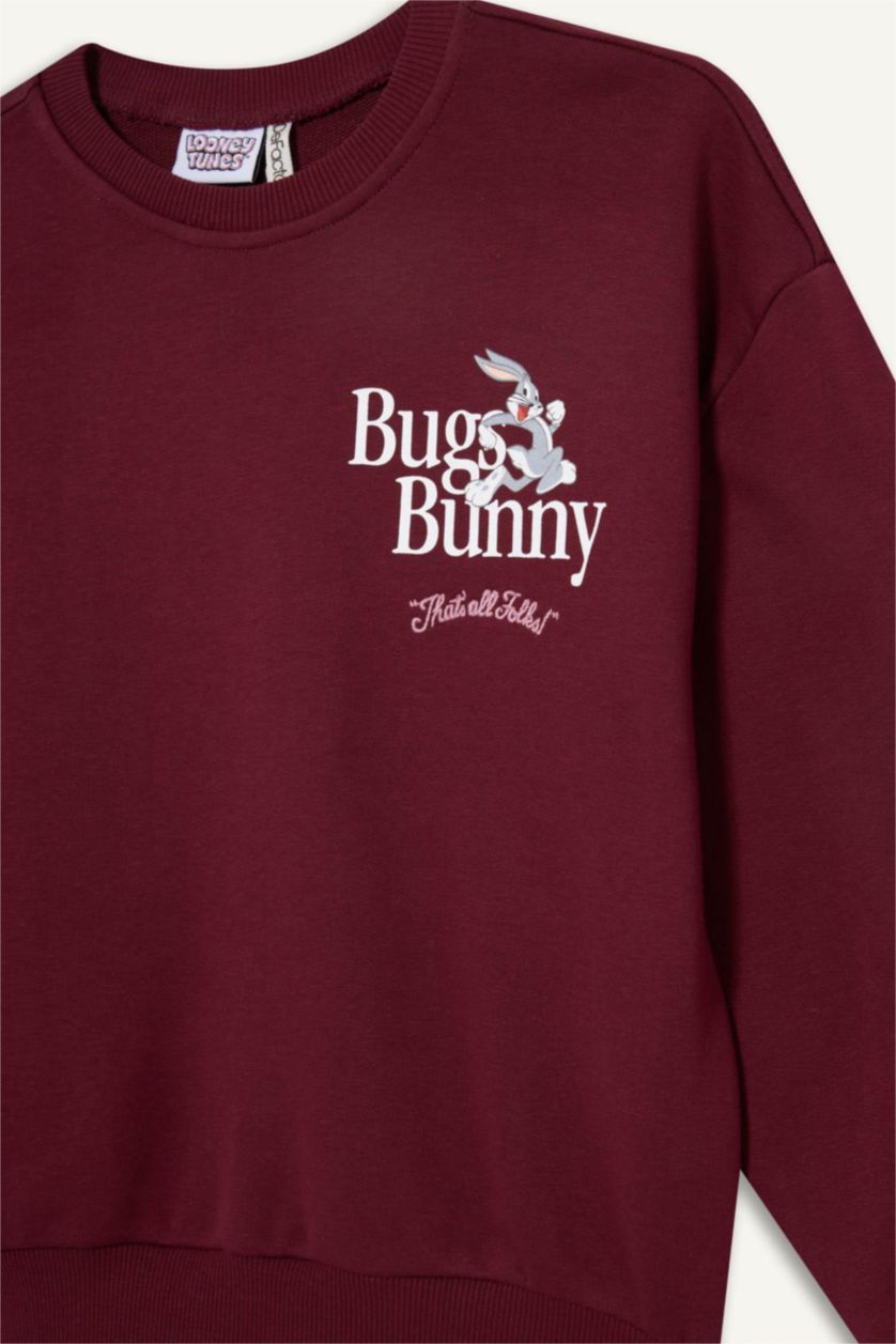 Kız Çocuk - Genç Kız Bordo Looney Tunes Oversize Geniş Kalıp Bisiklet Yaka Sweatshirt Kız Çocuk