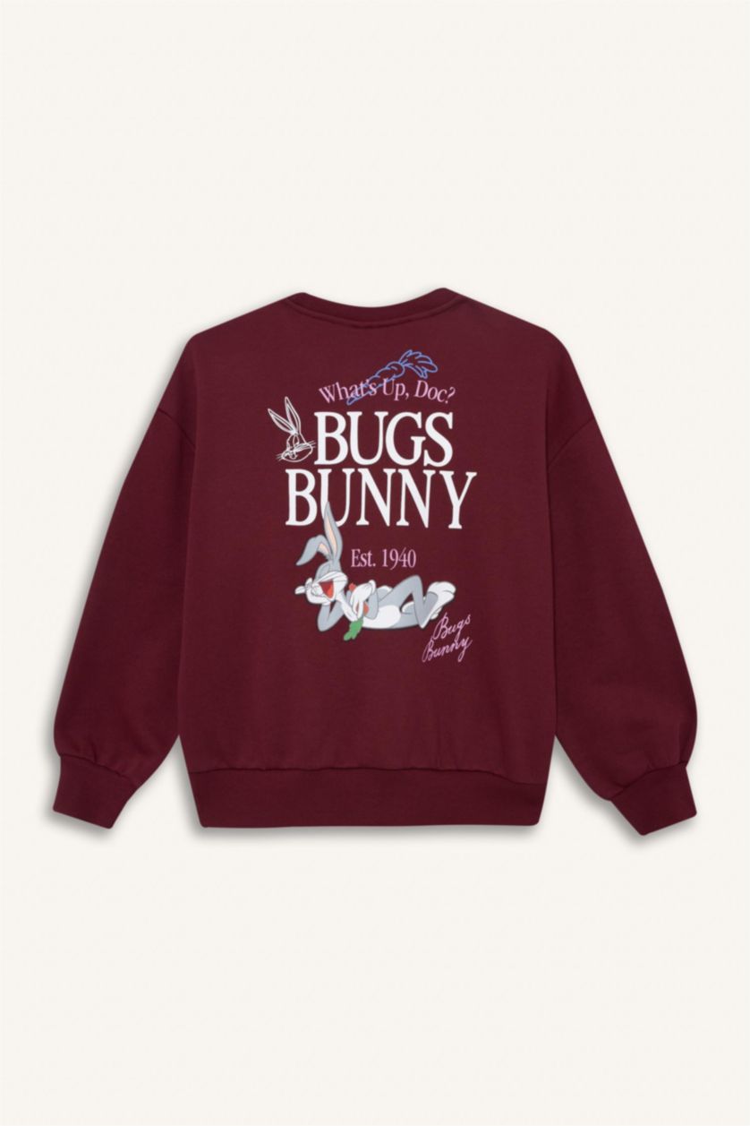 Kız Çocuk - Genç Kız Bordo Looney Tunes Oversize Geniş Kalıp Bisiklet Yaka Sweatshirt Kız Çocuk
