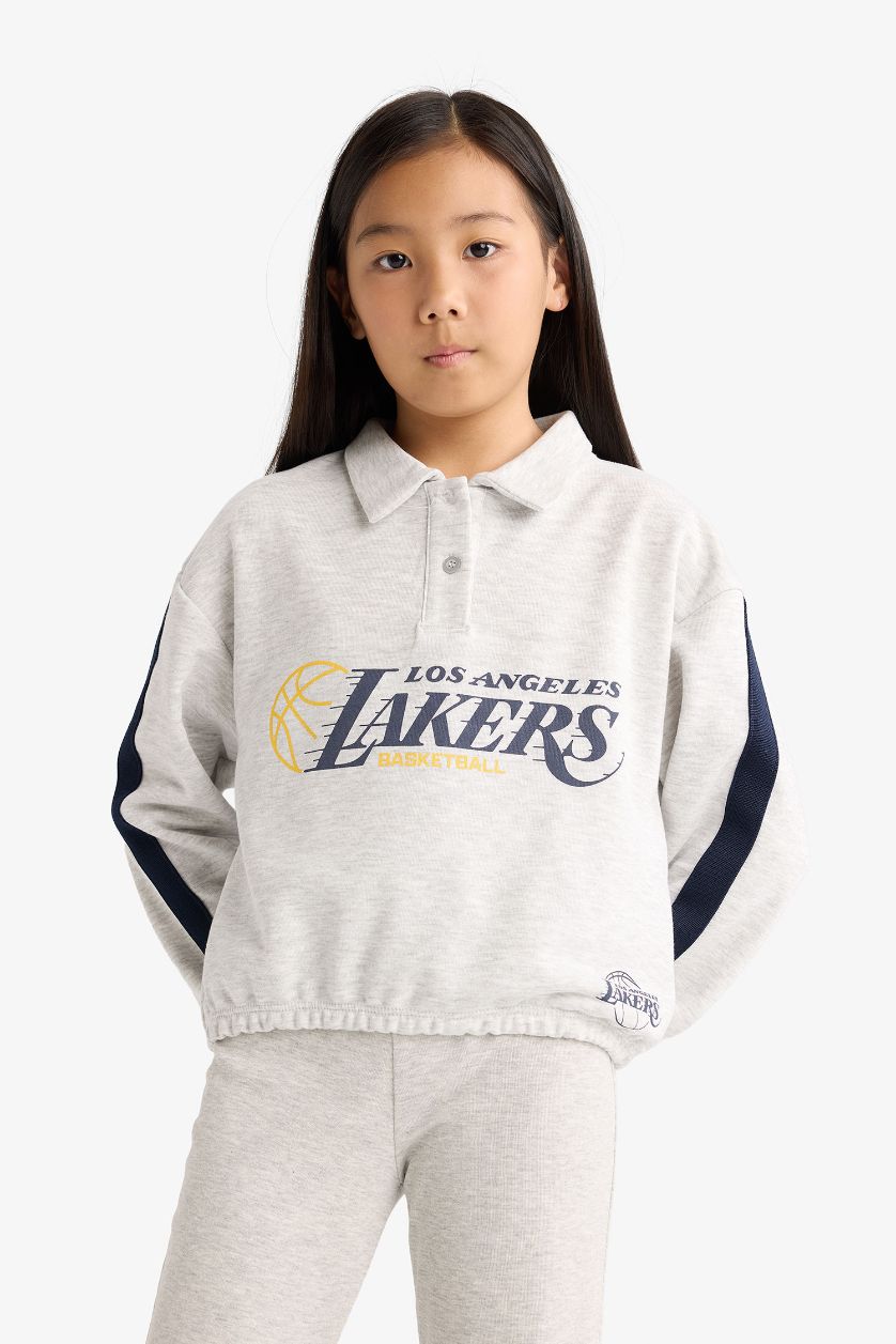 Kız Çocuk - Genç Kız Gri Melanj NBA Los Angeles Lakers Relax Fit Polo Yaka Sweatshirt Kız Çocuk