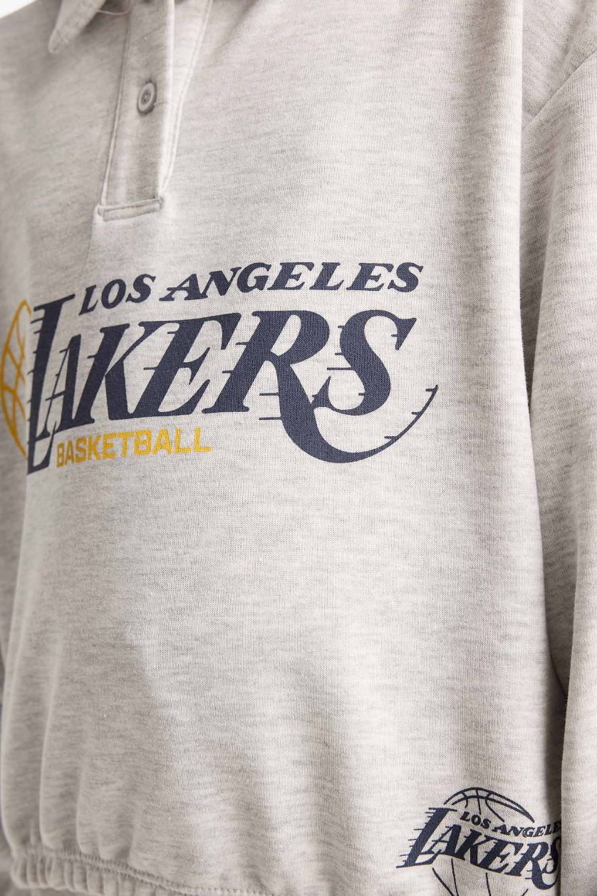Kız Çocuk - Genç Kız Gri Melanj NBA Los Angeles Lakers Relax Fit Polo Yaka Sweatshirt Kız Çocuk