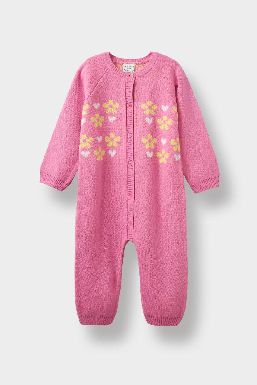Baby Girl Pink Knitwear Regular Fit Crew Neck Flower Jumpsuit
