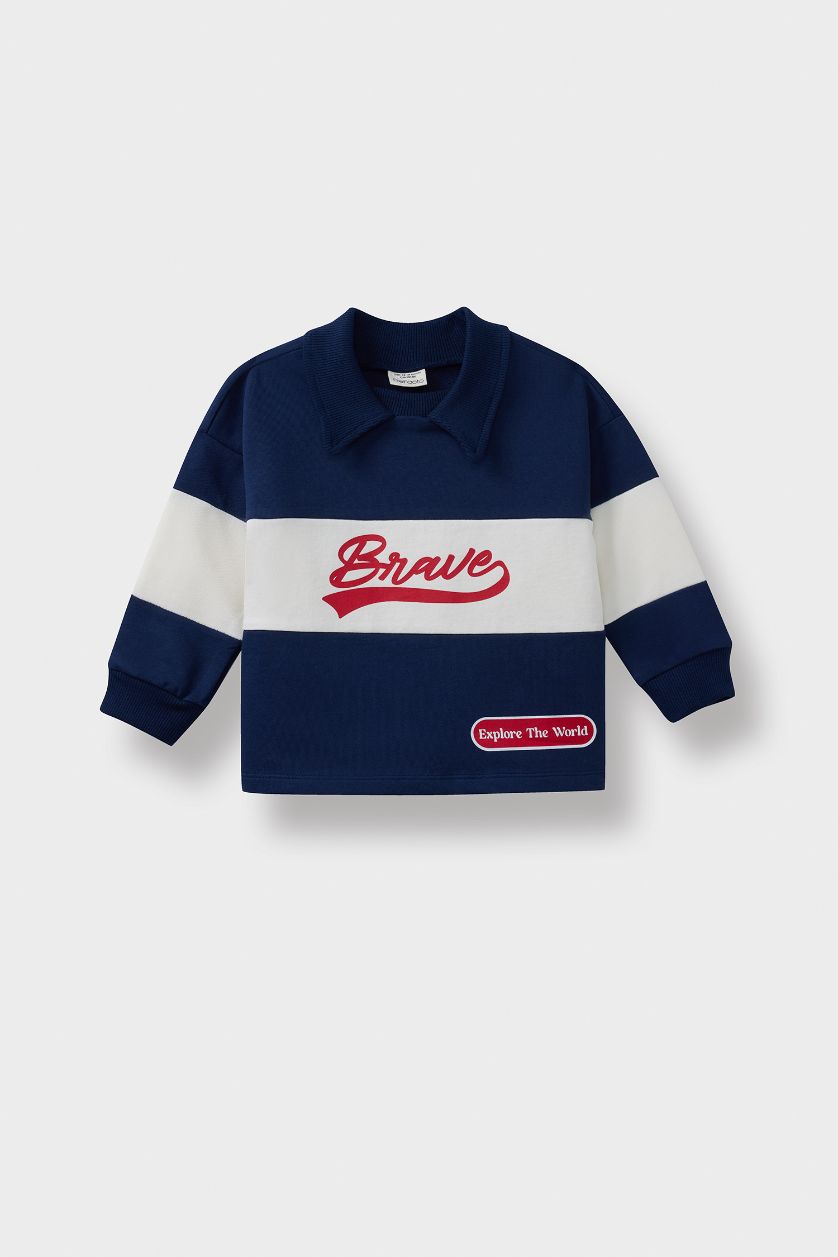 Erkek Bebek Lacivert Erkek Bebek Gömlek Yaka Baskılı Okul Sweatshirt