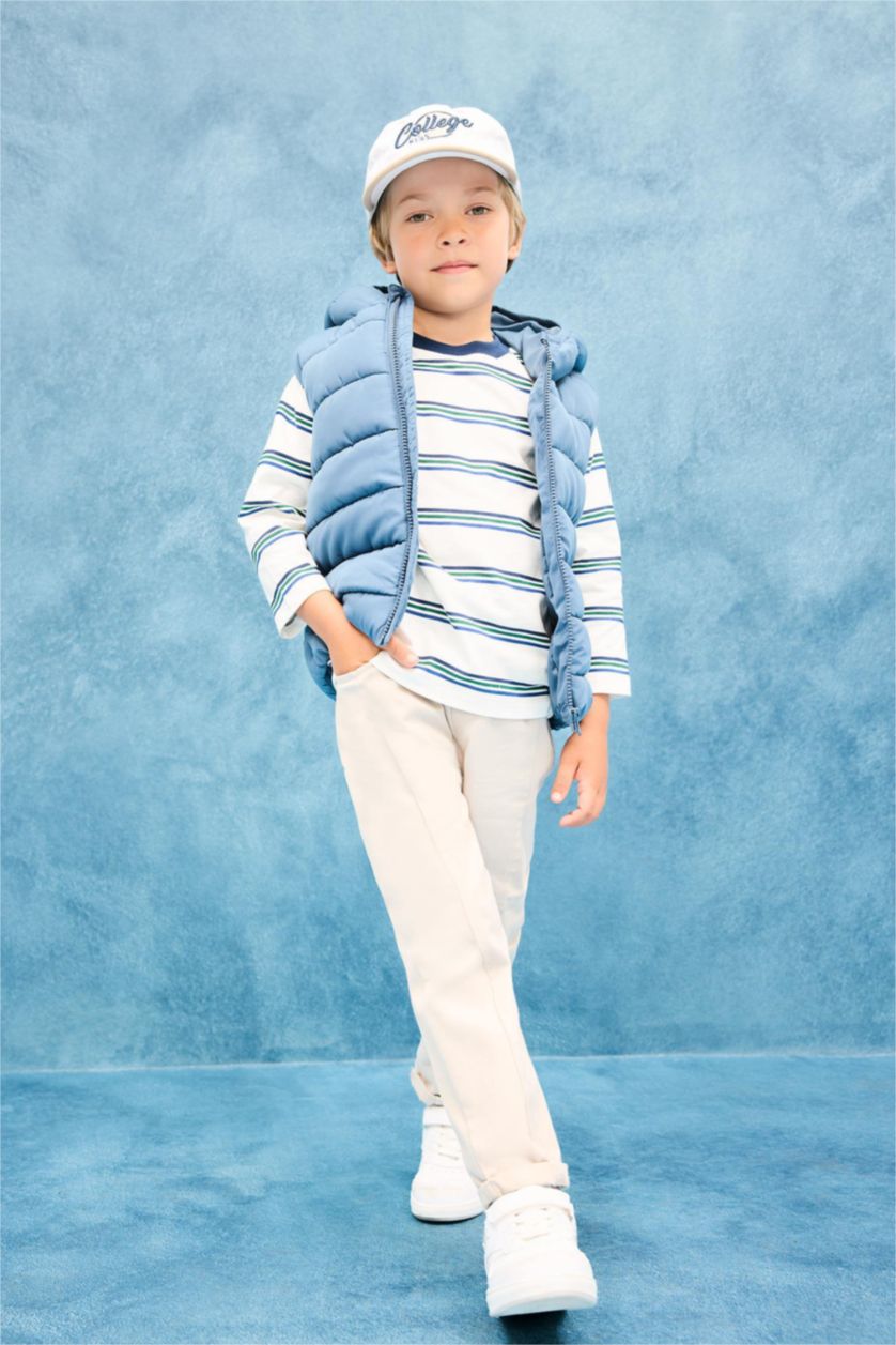 Erkek Bebek Ekru Bisiklet Yaka Çizgili Uzun Kollu Okul Tişörtü Erkek Bebek