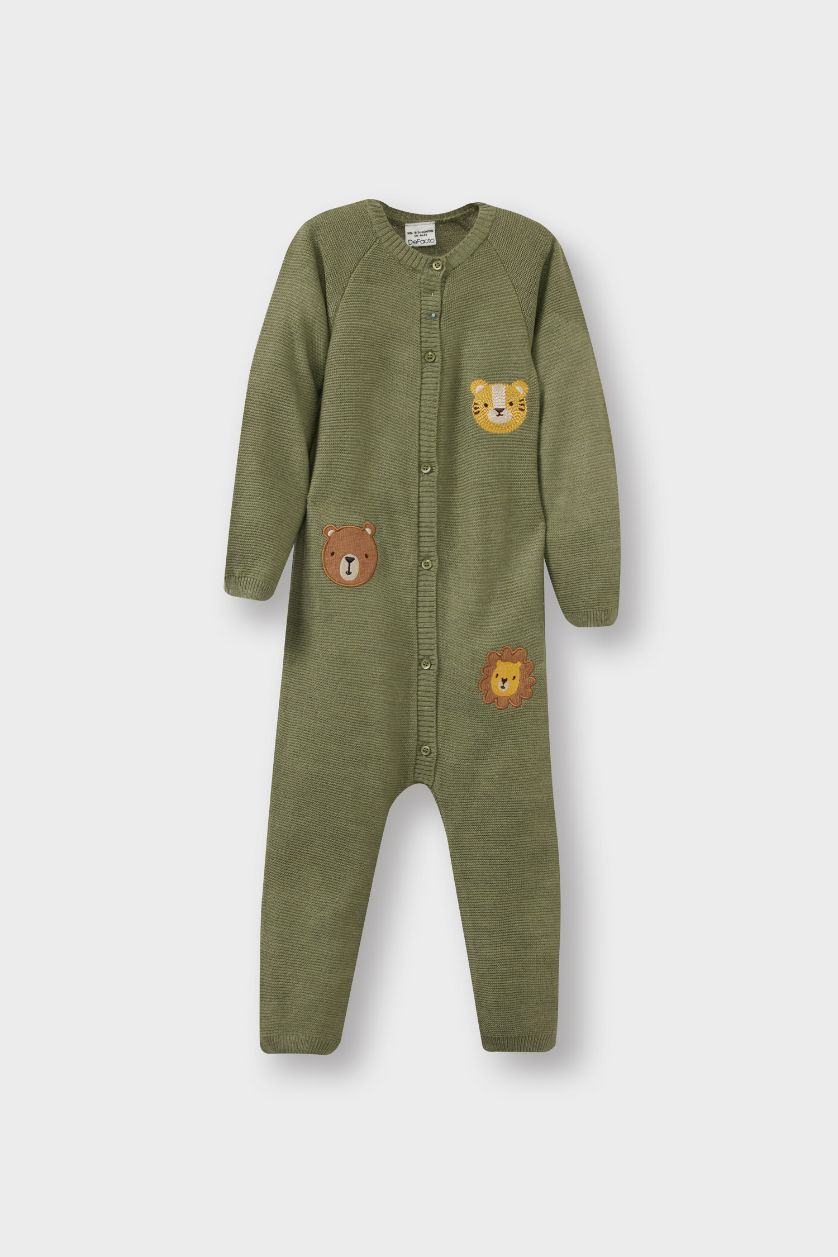 Erkek Bebek Açık Haki Hayvan Desenli Triko Tulum Erkek Bebek Yenidoğan