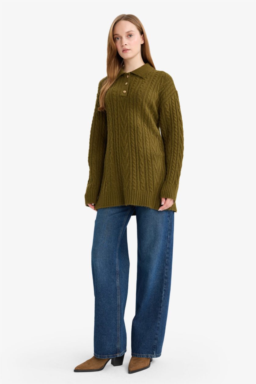 FEMME Kaki Pull Tunique en tricot à col polo Coupe régulière