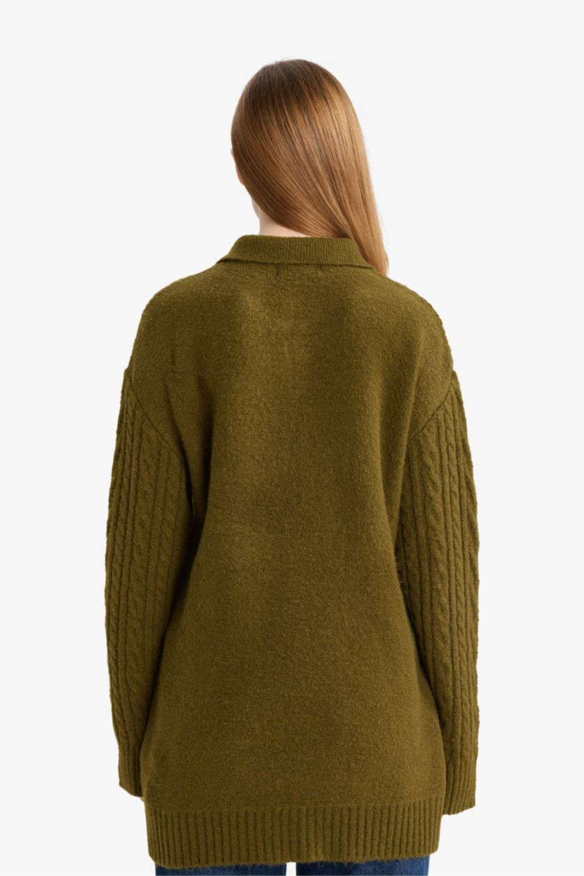 FEMME Kaki Pull Tunique en tricot à col polo Coupe régulière