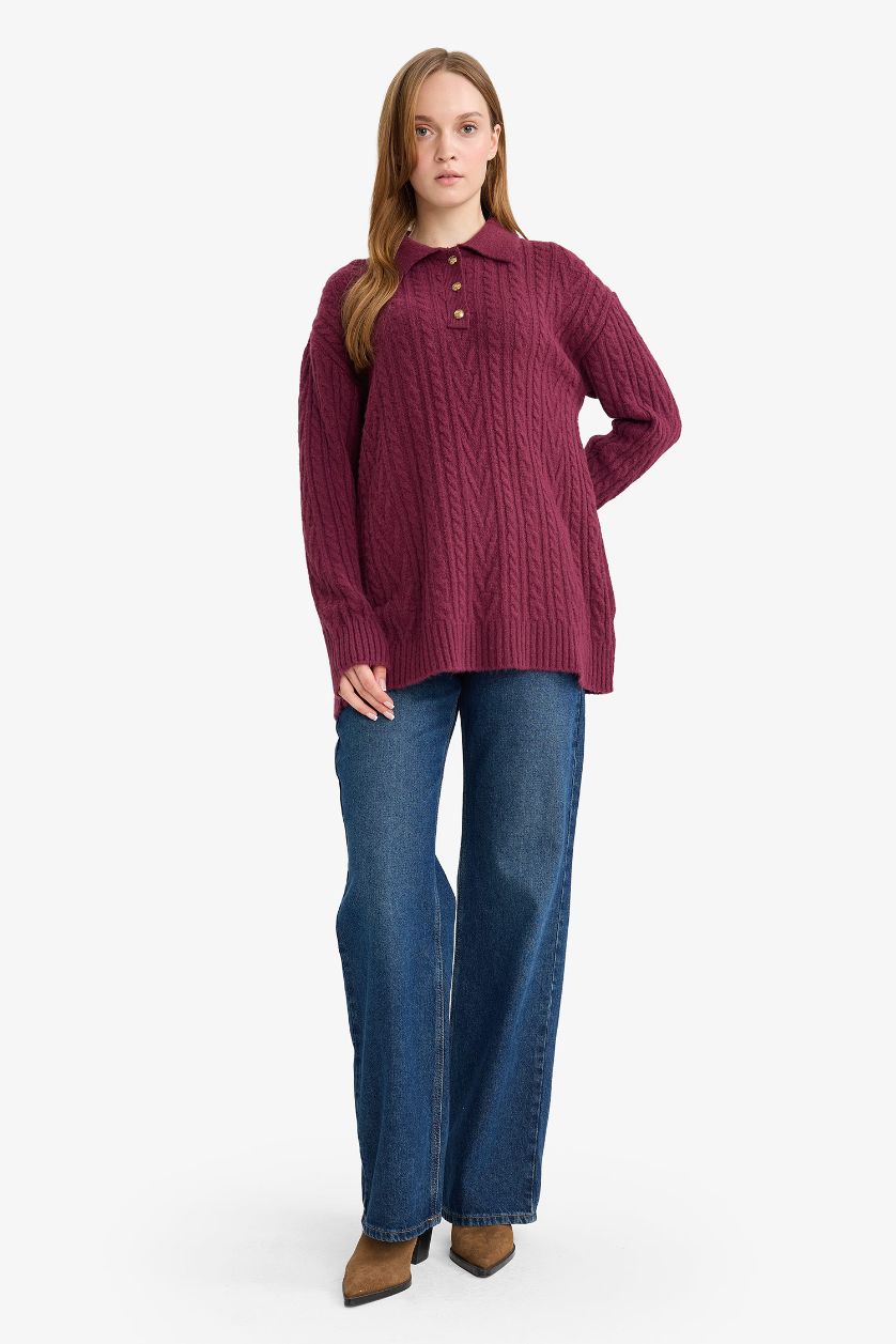 WOMAN Dark Purple Regular Fit Polo Collar Knitwear Tunic