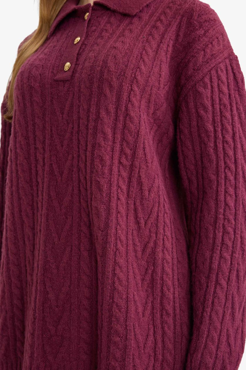 WOMAN Dark Purple Regular Fit Polo Collar Knitwear Tunic