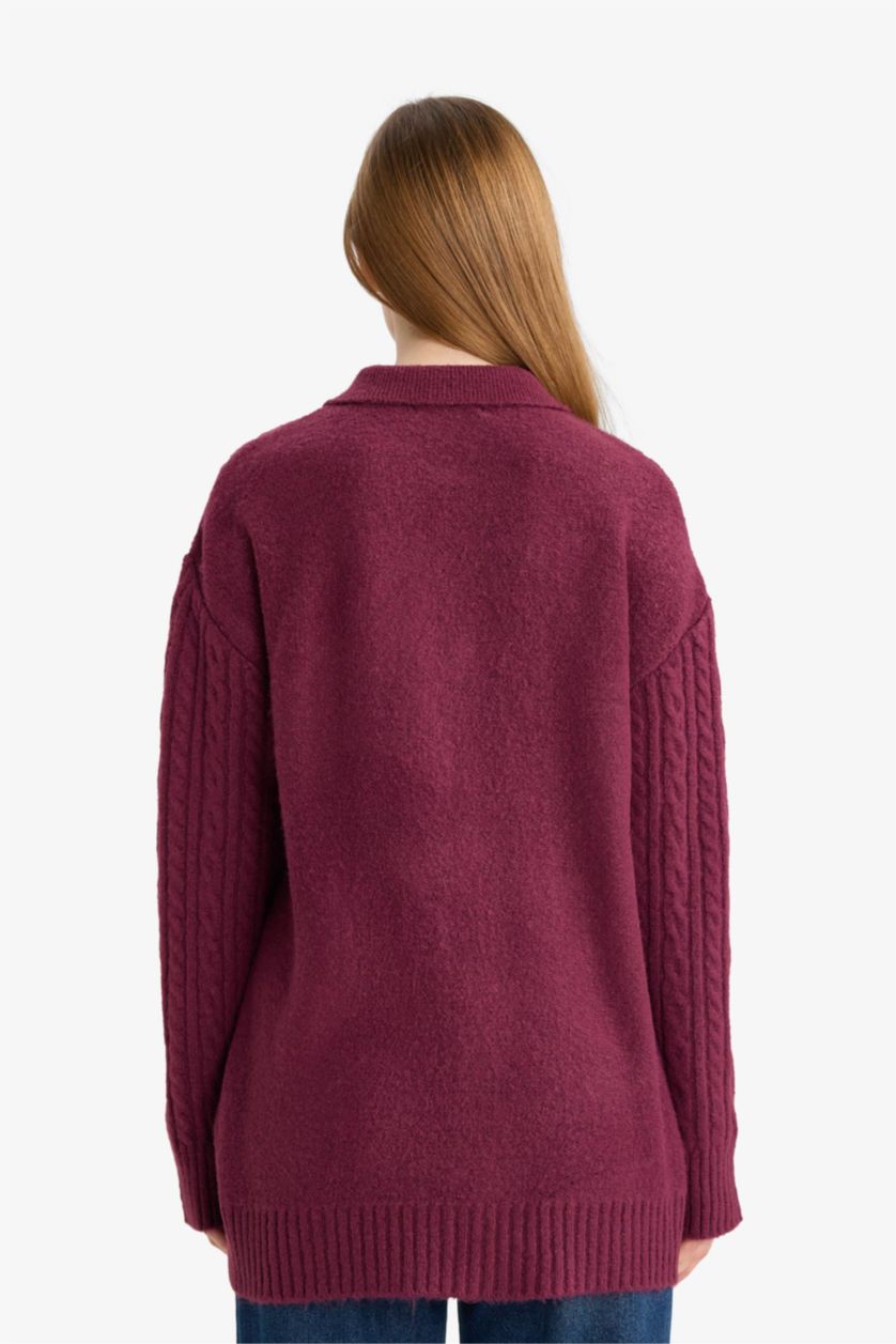 WOMAN Dark Purple Regular Fit Polo Collar Knitwear Tunic