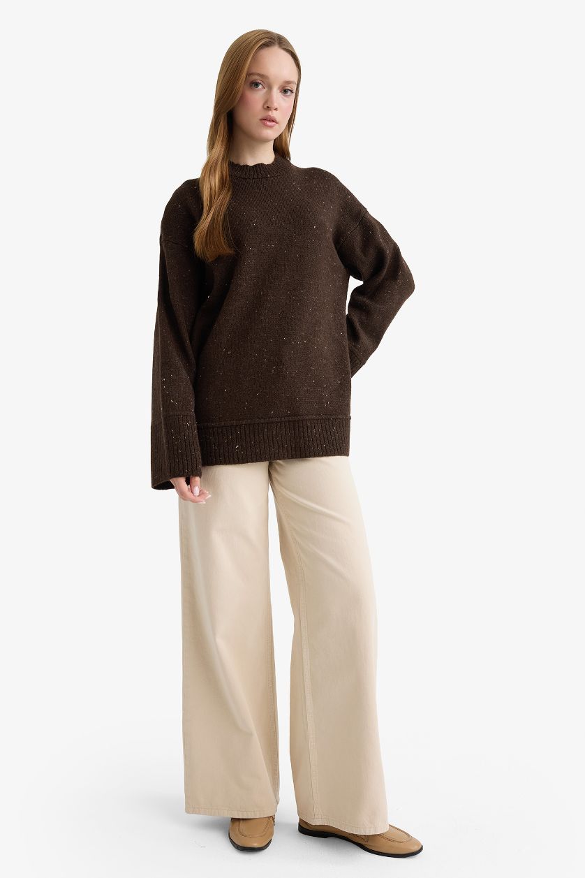 Woman Brown Loose Fit Knitwear Crew Neck Tunic