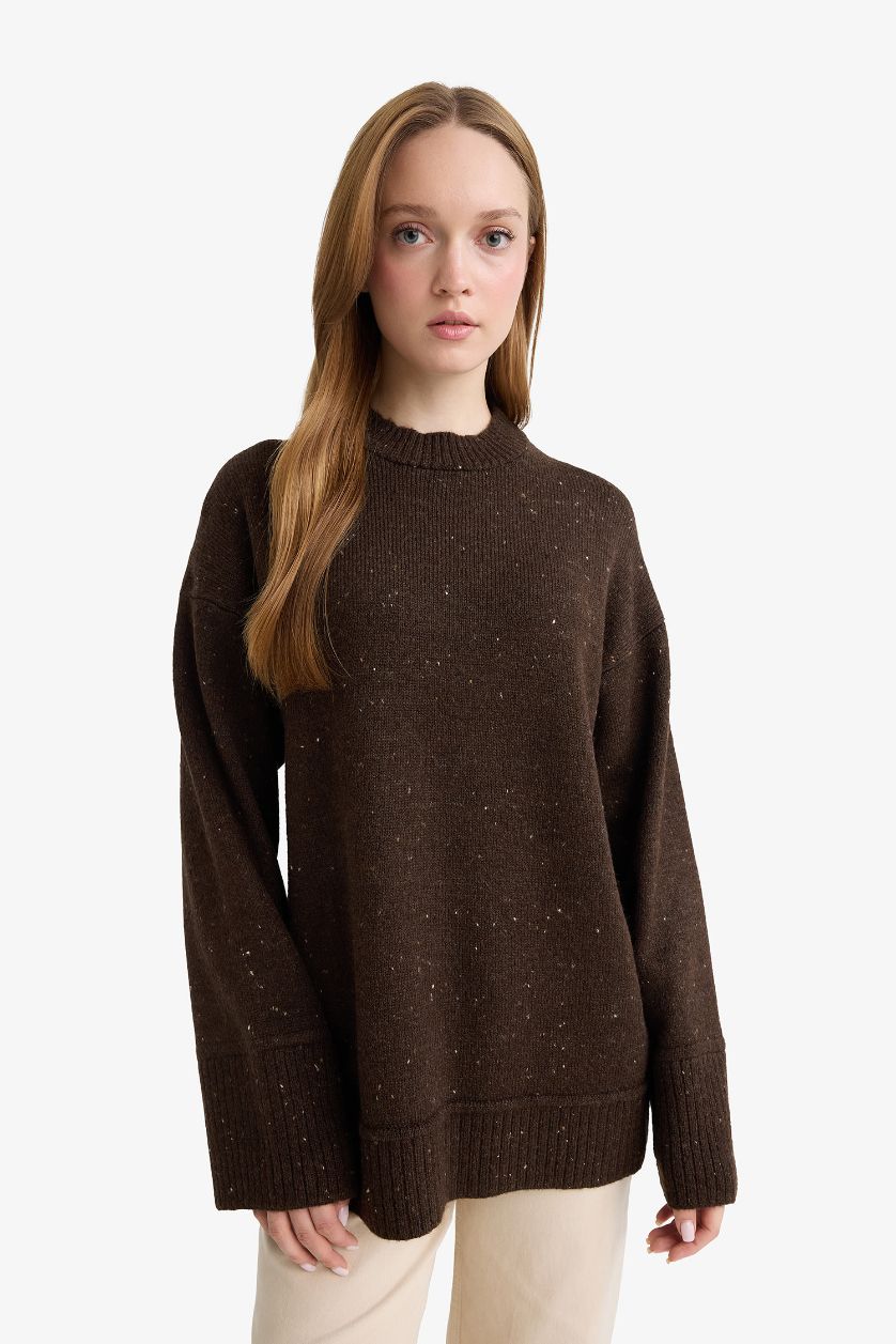 Woman Brown Loose Fit Knitwear Crew Neck Tunic