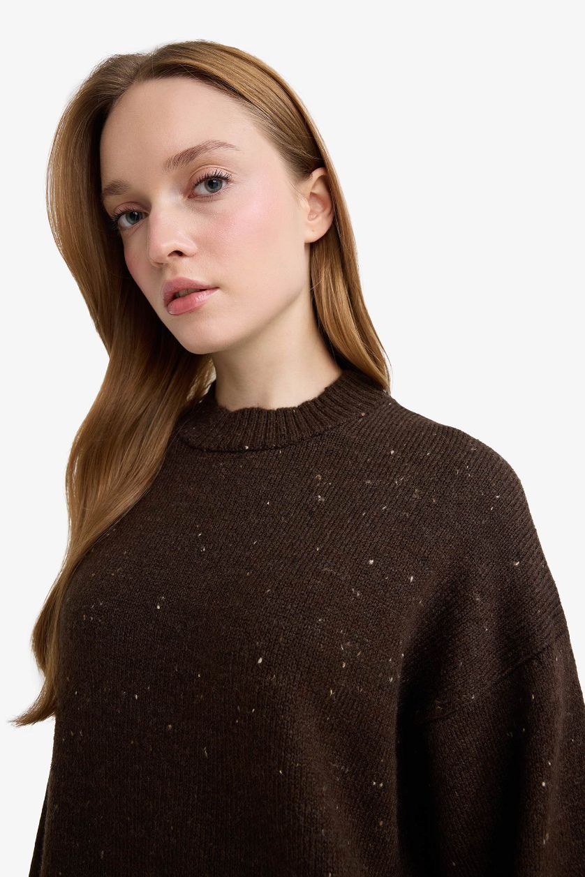 Woman Brown Loose Fit Knitwear Crew Neck Tunic