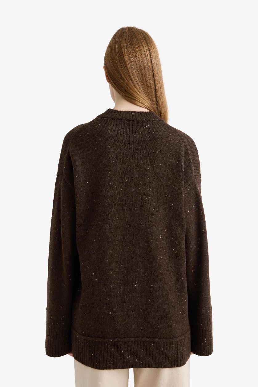 Woman Brown Loose Fit Knitwear Crew Neck Tunic