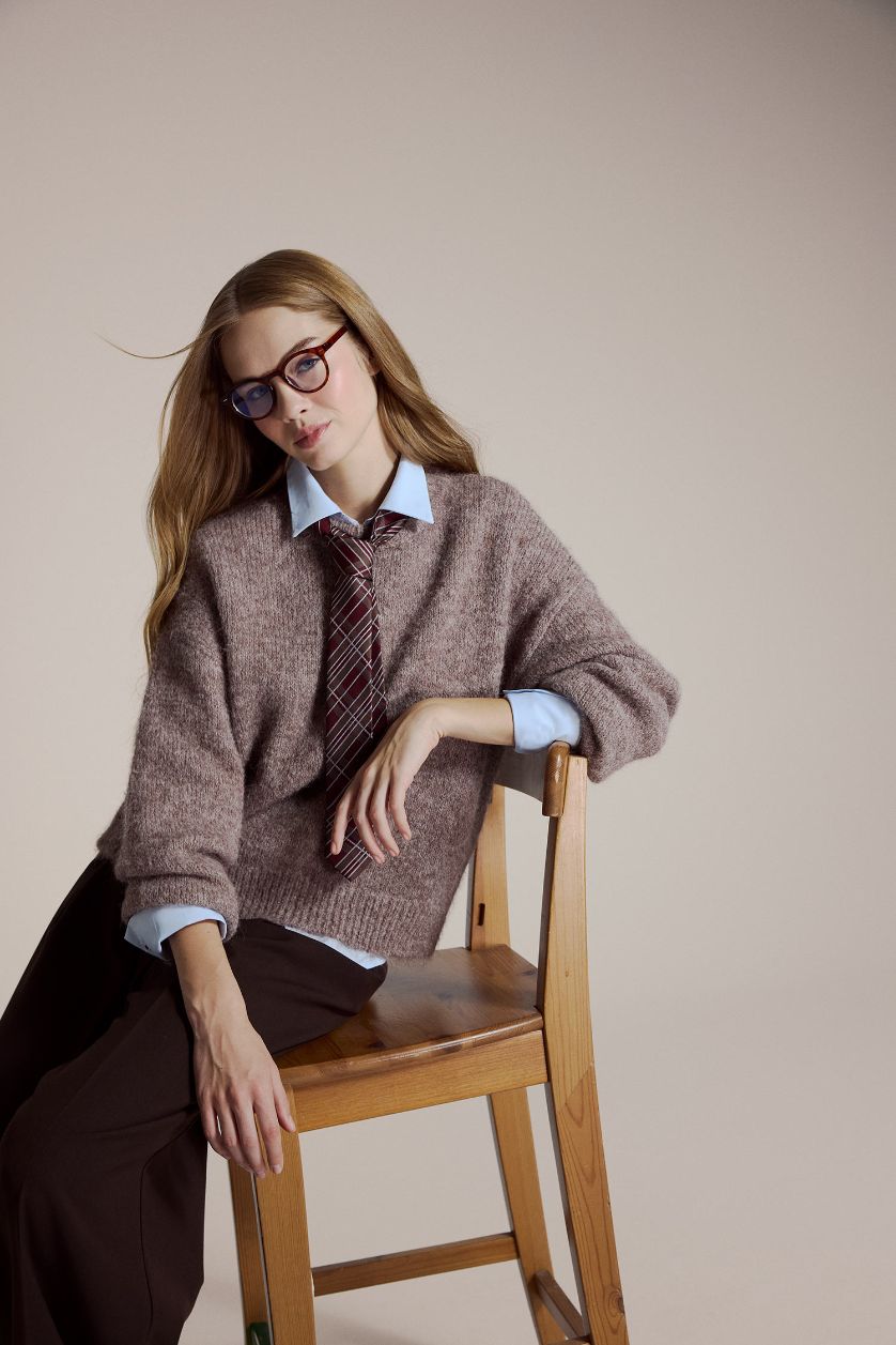 Женщины Коричневый Шерстяной трикотажный свитер оверсайз с круглым вырезом