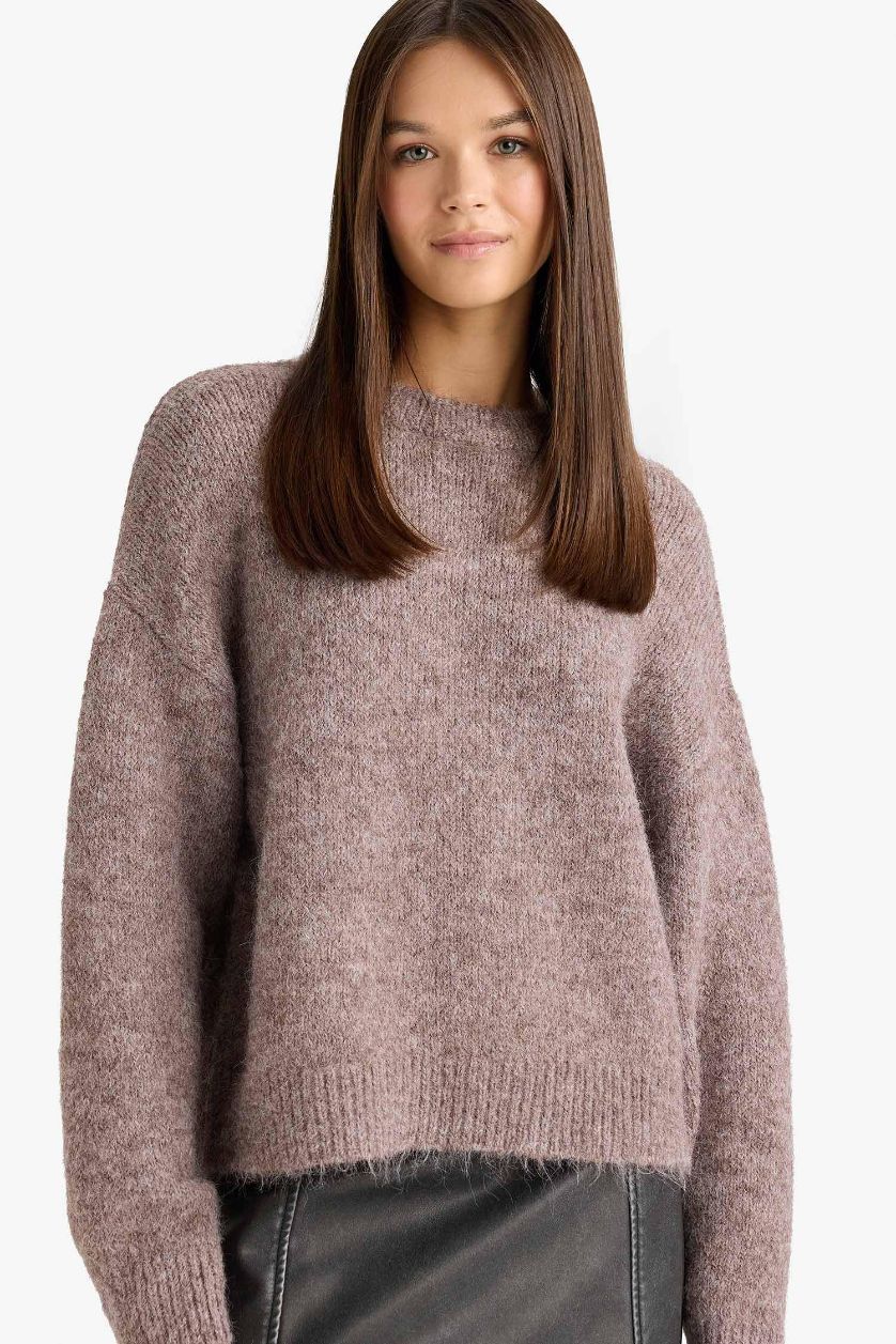 Женщины Коричневый Шерстяной трикотажный свитер оверсайз с круглым вырезом